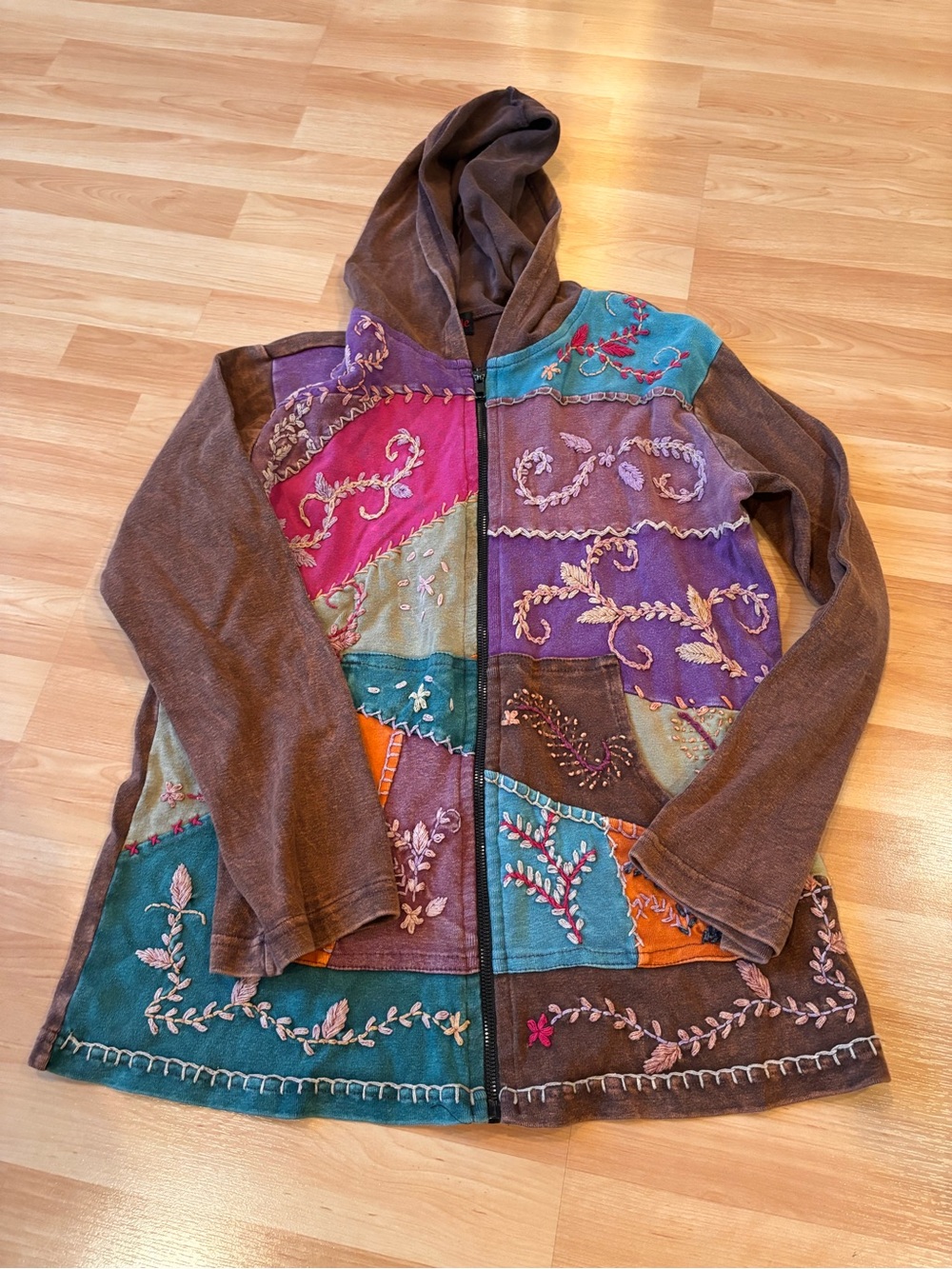 Rising Tide Vintage Bohemian Brown Hooded Patchwork Embroidered Jacket